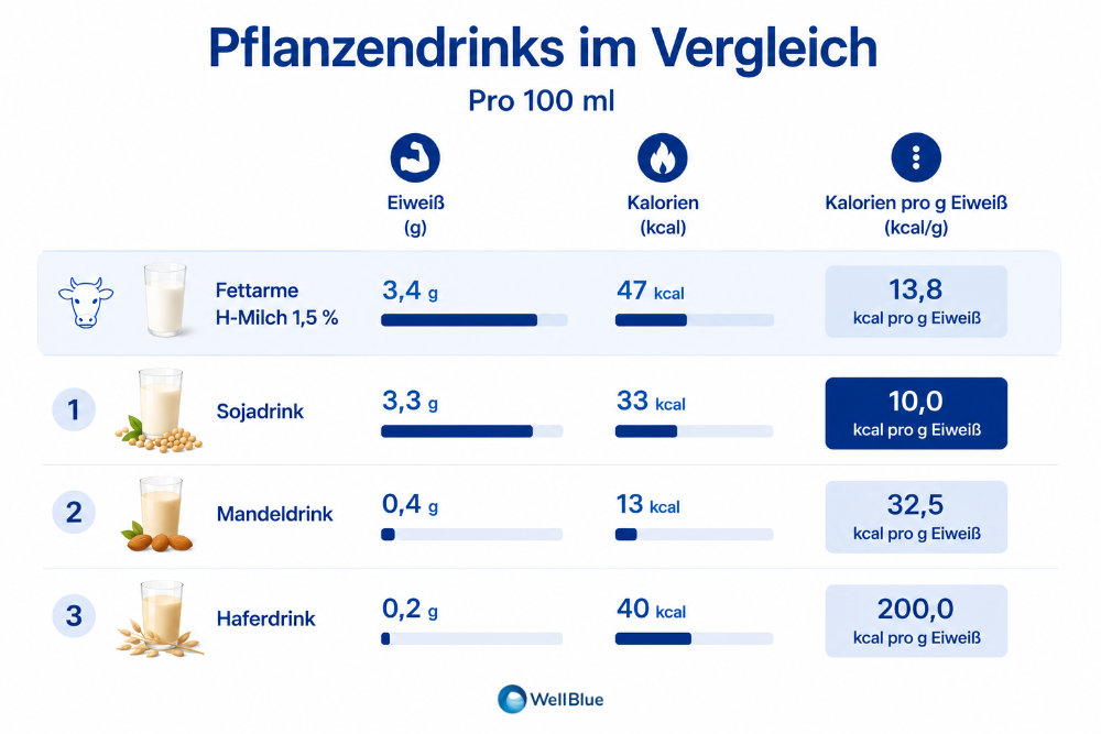 Pflanzendrinks im Vergleich - Eiweißgehalt, Kalorien, Nährwerte