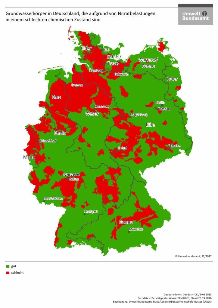 Deutschlandkarte des Umweltbundesamtes mit farbigen Markierungen zu NItratbelastung in Deutschland