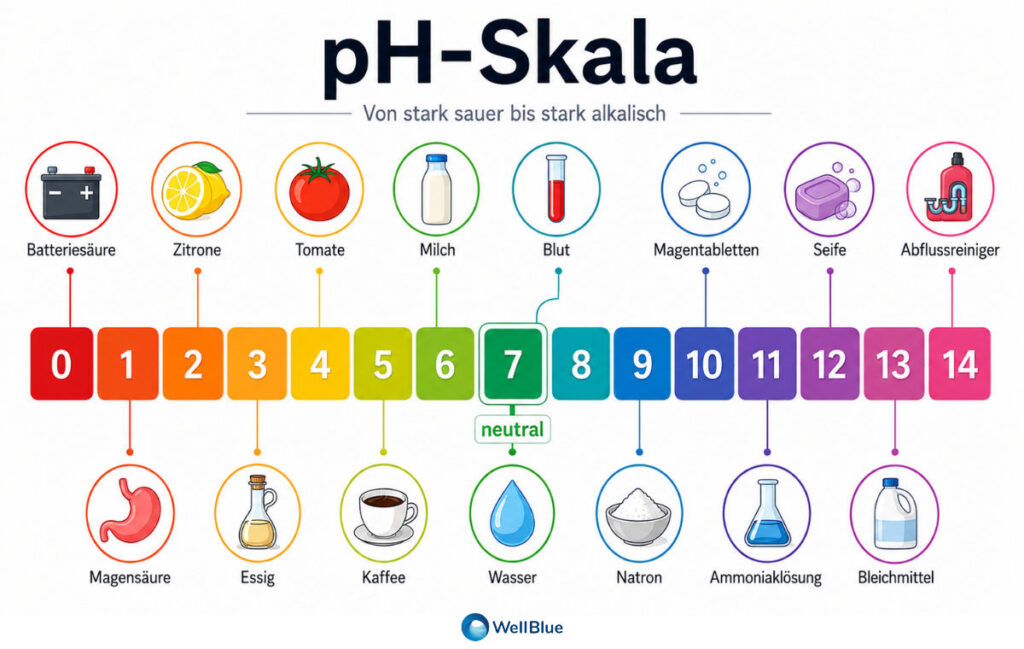 pH Skala von sauer bis alkalisch. 14 Stufen & Beispiele