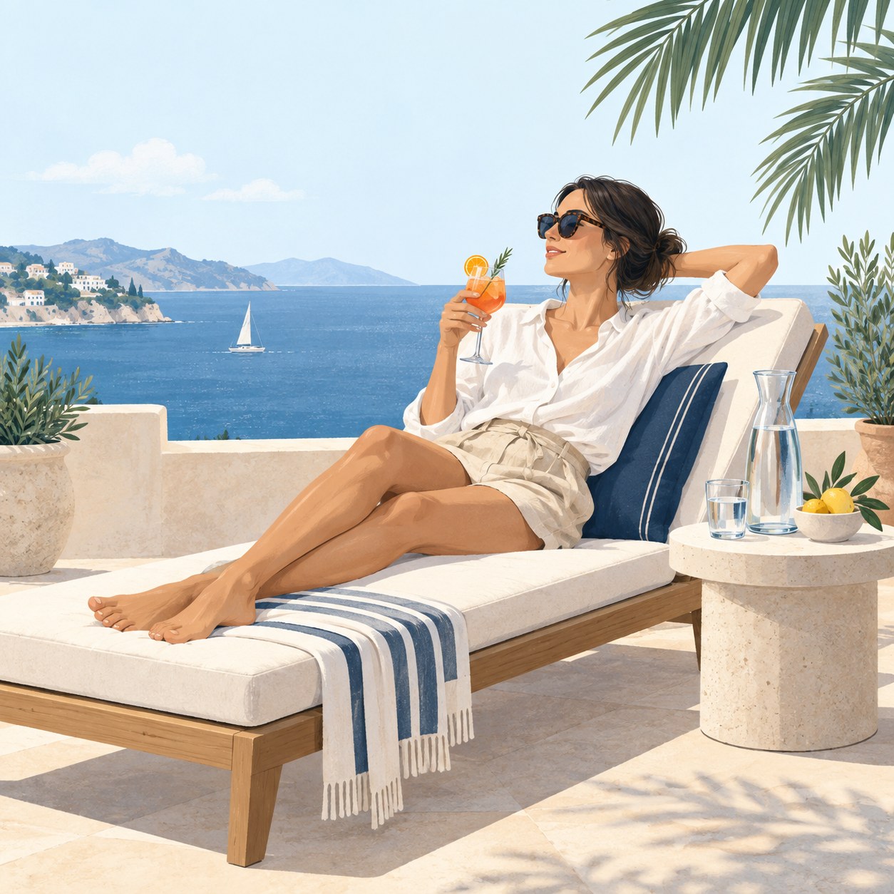 Illustration: Entspannung auf der Sonnenliege mit Cocktail und einer Karaffe Wasser.
